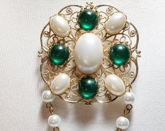 Ready to Ship, Renaissance Brooch, Tudor Brooch, Renaissance Jewelry, Medieval Jewelry, Medieval Brooch, Bodice Brooch, Pearl, Green