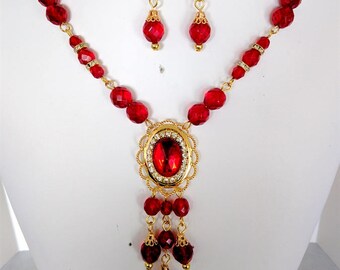 Gold Plated Red Beaded Necklace and Earrings Set, Renaissance Style