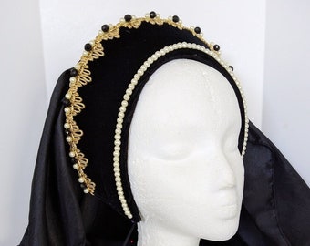 Renaissance French Hood, Tudor Headpiece, Renaissance Headpiece, Headpiece, Headdress, Hat, Medieval HeadpieceFaire, Black Velvet