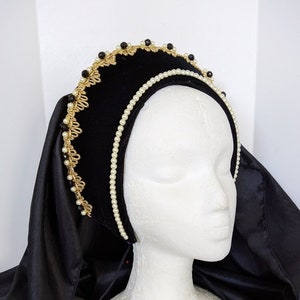 Renaissance French Hood, Tudor Headpiece, Renaissance Headpiece, Headpiece, Headdress, Hat, Medieval HeadpieceFaire, Black Velvet image 1