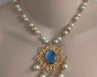 Blue Czech Glass Beaded Necklace and Earrings Set, Gold Plate Filigree, Medieval Renaissance Jewelry