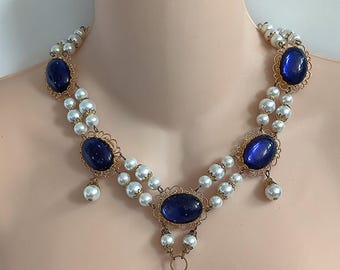 Medieval Renaissance Raw Brass Gold Tone Filigree Necklace, Czech Glass Pearls, Tudor Jewelry Set