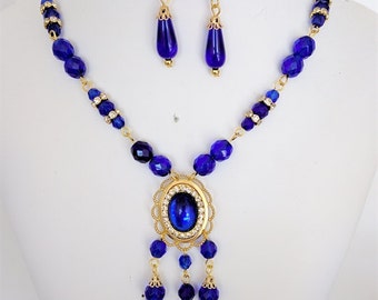 Cobalt Blue Renaissance Necklace and Earrings Set, Gold Tone Brass Glass Beads
