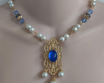 Necklace in 5 Colors, Gold Plated Setting and Filigree, Medieval Renaissance Jewelry, Tudor Necklace, LARP