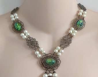 Antiqued Brass Renaissance Necklace Set, Czech Glass Pearls, Smooth Faux Opal Acrylic Cabochons, Tudor Jewelry, Medieval Jewels