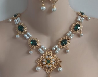 Gold Plated Renaissance Necklace and Earrings Set, Swarovski Crystal Cabochons, Medieval Jewelry, Tudor, Pearls