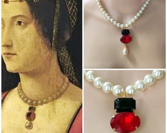 Handmade Renaissance Reproduction Necklace, Gold Plated Brass, Crystal Rhinestones, Czech Pearls