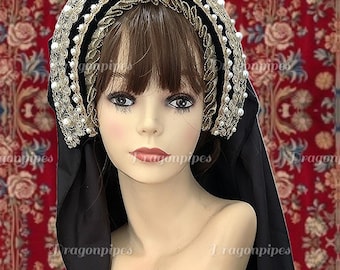 Ready to Ship - Traditional Handmade Tudor French Hood, Tudor Headpiece, Renaissance Headpiece, Hat, Medieval Headdress, Black and Gold