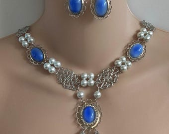 Silver Plated Renaissance Necklace and Earrings Set, Smooth Glass Cabochons, Tudor Jewelry, Medieval Jewelry
