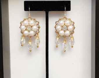 Earrings, Ready to Ship, Renaissance Necklace Earrings, Tudor, Renaissance Jewelry, Replica Jewelry, Pearl Cluster, Clear Crystals, 3 Drops
