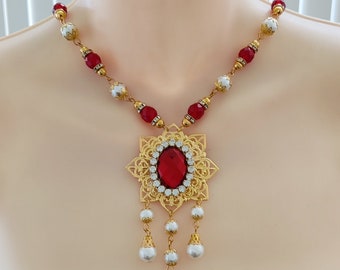 Red Gold Filigree Necklace, Medieval Renaissance Jewelry, Czech Glass Pearls, Beads
