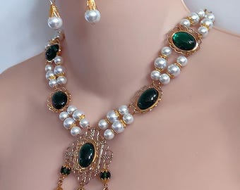 Medieval Renaissance Gold Filigree Necklace, Czech Glass Pearls, Tudor Jewelry Set