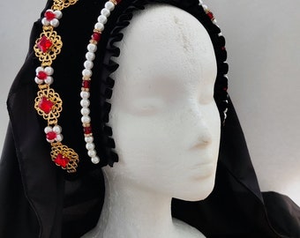 Ready to Ship - Renaissance French Hood, Jeweled, Tudor Headpiece, Renaissance Headpiece, Hat, Medieval Headdress, Faire, Cosplay