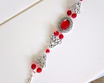 Renaissance Ruby Red Glass Bracelet, Antiqued Silver Tone Filigree, Medieval Wedding Jewelry
