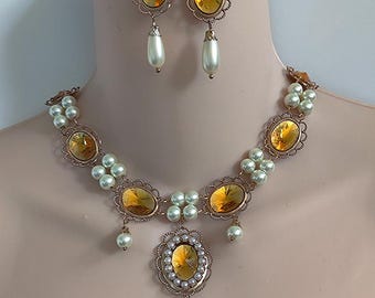 Medieval Renaissance Brass Filigree Necklace, Czech Glass Pearls, Tudor Jewelry Set
