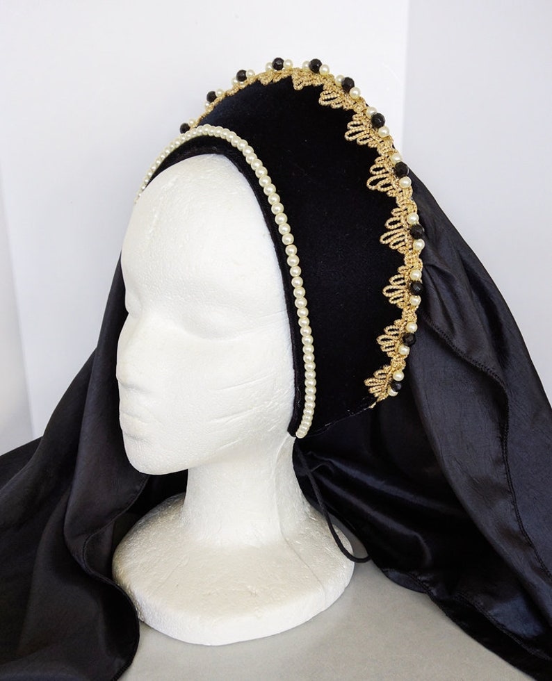 Renaissance French Hood, Tudor Headpiece, Renaissance Headpiece, Headpiece, Headdress, Hat, Medieval HeadpieceFaire, Black Velvet image 3