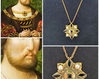 Henry VIII Pendant Necklace, Gold Plated Filigree, Czech Glass Pearls, Tudor Portrait Jewelry