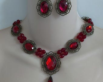 Antiqued Brass Renaissance Necklace Set, Czech Glass Beads, Faceted Red Glass Cabochons, Tudor Jewelry, Medieval Jewels