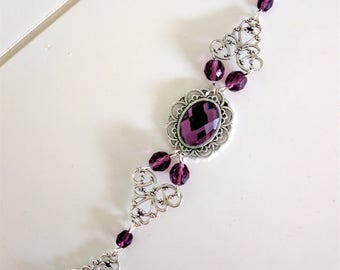 Renaissance Amethyst Silver Filigree Bracelet, Medieval Wedding Jewelry