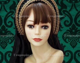 Handmade Tudor French Hood, Tudor Headpiece, Renaissance Headpiece, Hat, Medieval Headdress, Green and Gold, Ready to Ship