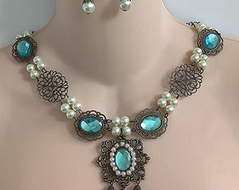 Medieval Renaissance Antiqued Brass Filigree Necklace, Czech Glass Pearls, Tudor Jewelry Set