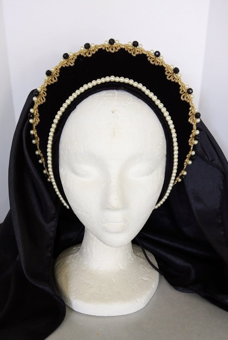 Renaissance French Hood, Tudor Headpiece, Renaissance Headpiece, Headpiece, Headdress, Hat, Medieval HeadpieceFaire, Black Velvet image 2