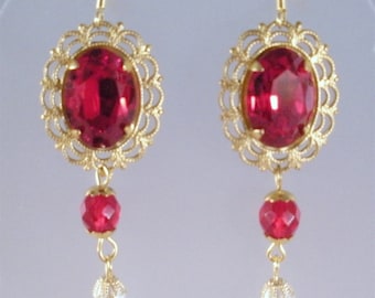 Renaissance Earrings, Katherine of Aragon Replica, Czech Glass, Swarovski Crystals, Gold Plated