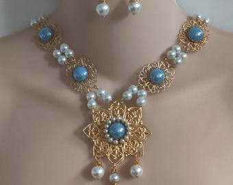 Gold Plated Renaissance Necklace and Earrings Set, Stunning Blue Glass Cabochons, Medieval Jewelry, Tudor, Pearls