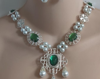 Silver Plated Renaissance Necklace and Earrings Set, Faceted Crystal Cabochons, Tudor Jewelry, Medieval Jewelry