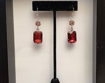 Anne Boleyn Replica Earrings, Czech Glass Crystal, Gold Tone Brass, Renaissance Jewelry