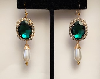 Renaissance Crystal Earrings, Gold Plated Pearl Drops, Tudor Jewelry