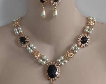 Gold Plated Renaissance Necklace and Earrings Set, Black Crystal Faceted Cabochons, Medieval Jewelry, Tudor, Pearls