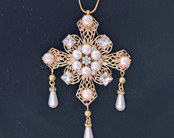 Elaborate Tudor Necklace, Gold Plated Brass Filigree, Pearl Crystal Jewelry