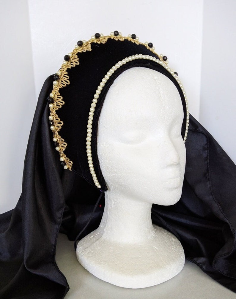 Renaissance French Hood, Tudor Headpiece, Renaissance Headpiece, Headpiece, Headdress, Hat, Medieval HeadpieceFaire, Black Velvet image 1