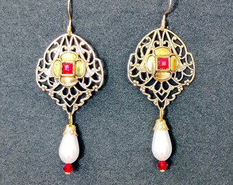 Gold Plated Tudor Ouch Earrings, Red Pearl Drop, Renaissance Replica Jewelry