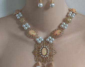 Gold Plated Renaissance Necklace and Earrings Set, Faux Opal Cabochons, Pearls, Medieval Jewelry