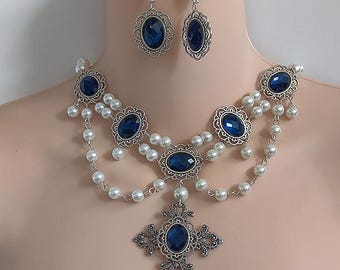 Antique Silver Tone Renaissance Necklace and Earrings Set, Faceted Glass Cabochons, Tudor Jewelry, Medieval Jewelry
