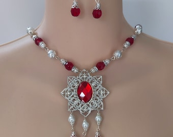 Red Czech Glass Beaded Necklace and Earrings Set, Silver Plate Filigree, Medieval Renaissance Jewelry