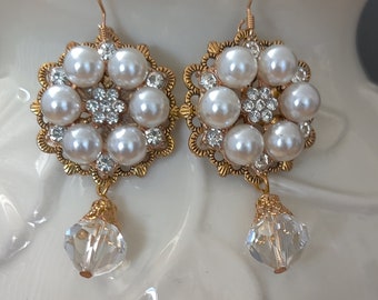 Pearl Crystal Cluster Earrings, Gold Plated Filigree, Renaissance Replica Jewelry