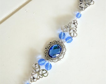 Sapphire Blue Renaissance Bracelet, Antiqued Silver Filigree, Czech Glass Pearls, Medieval Wedding Jewelry