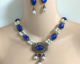 Antique Brass Renaissance Necklace, Brooch and Earrings Set, Smooth Acrylic Cobalt Cabochons, Tudor Jewelry, Medieval Jewelry