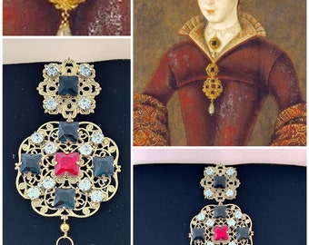 Lady Jane Grey Brooch, Tudor Renaissance Bodice Jewelry, Gold Brass Filigree Pearl
