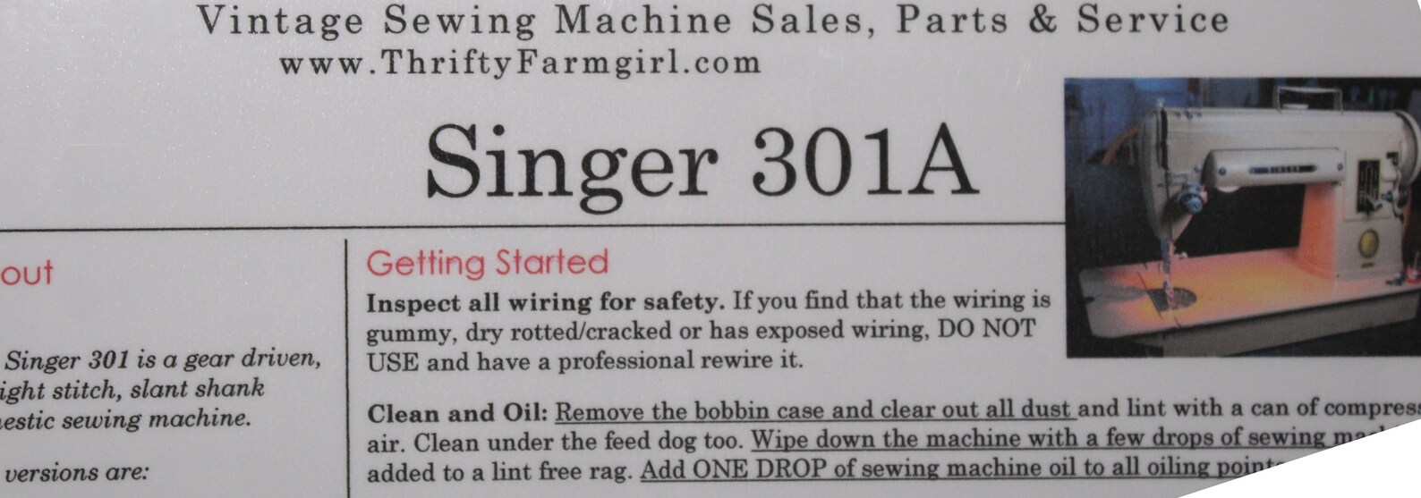 Singer 301A Sewing Machine Printable Cheat Sheet/reference Sheet