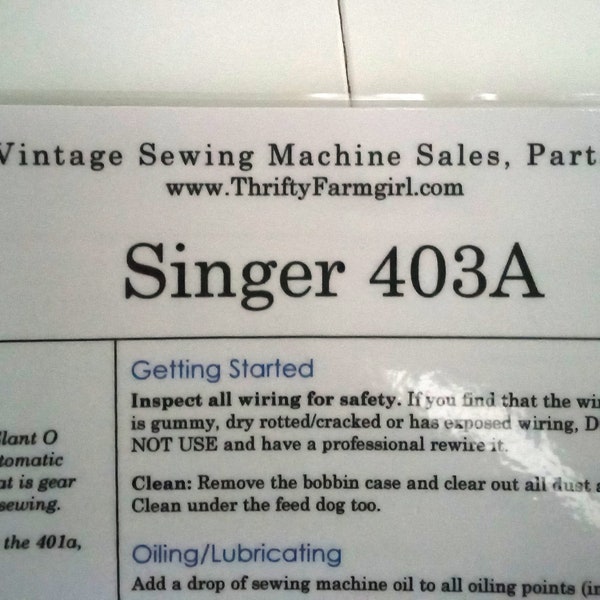 Singer 403A Sewing Machine FLASHCARDS Instructions/Oiling/Part#'s/Wipes Clean/Laminated