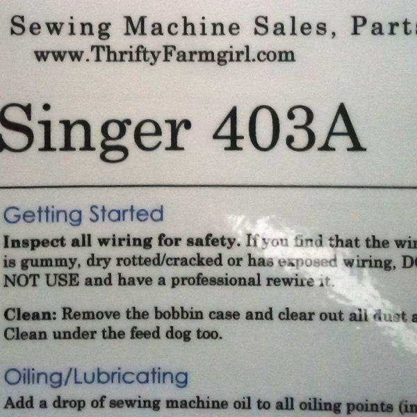 Singer 403A Sewing Machine Printable Cheat Sheet/Reference Sheet/Information at a Glance/Manual Replacement/PDF/Instant Download