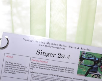 Singer 29-4 Industrial Sewing Machine FLASHCARDS Instructions/Oiling/Part#'s/Wipes Clean/Laminated