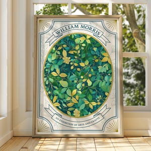 Poster di foglie verdi in stile William Morris - Poster della mostra - Stampa della galleria - Arte murale di William Morris - Foglie autunnali floreali e fiori pastello