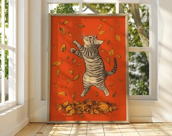 Cat and Leaves Art Poster: Fun Feline Illustration