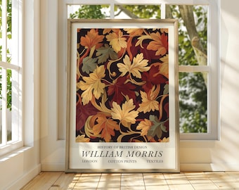 Póster de hojas de otoño al estilo William Morris - Póster de exposición - Impresión de galería - Arte mural de William Morris - Hojas de otoño florales con flores marrones
