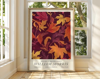 Póster de hojas de otoño al estilo William Morris - Póster de exposición - Impresión de galería - Arte mural de William Morris - Hojas de otoño florales con flores marrones